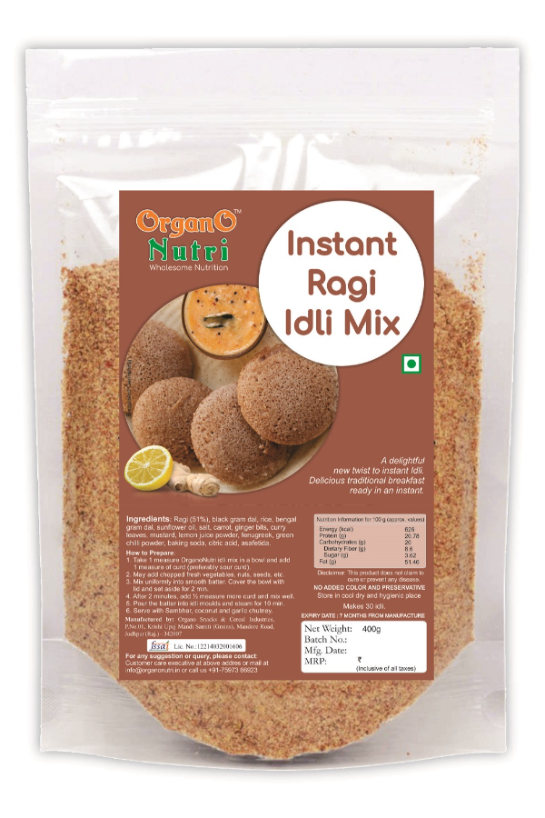 OrganoNutri Instant Ragi Idli Mix, 400g, Ragi Masala Instant Idli Mix, Made Easy & Soft Idli, Nachni Idli, Kelvaragu Idli, Kezhvaragu Idli, Finger Millet Idli, Mandia Itili, Madua Idli, Mandua Idli